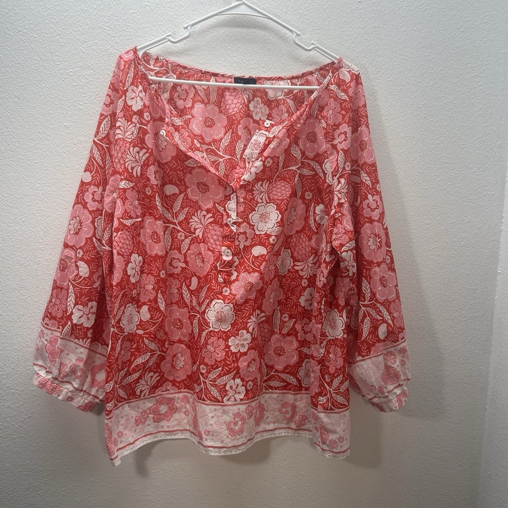 Talbots Coral and White Floral Button-Front Peasant Blouse